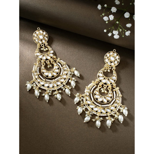 Gold-Polished Traditional White Kundan Studded Pearl Handcrafted Dangle Chandbali Earrings Ethnic Jewellery For Women And Girls - Wahe Jewels - Swadesiicart