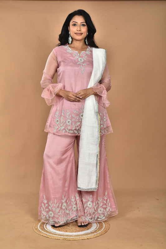 Morchari Women And Hand Embroidery Palazzo Set-Peach - Swadesiicart