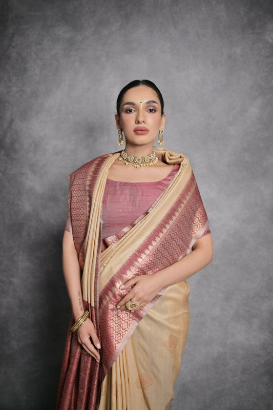 Vishnu Weaves Women's Chiku Tussar Silk Zari Woven Saree with Blouse - Swadesiicart