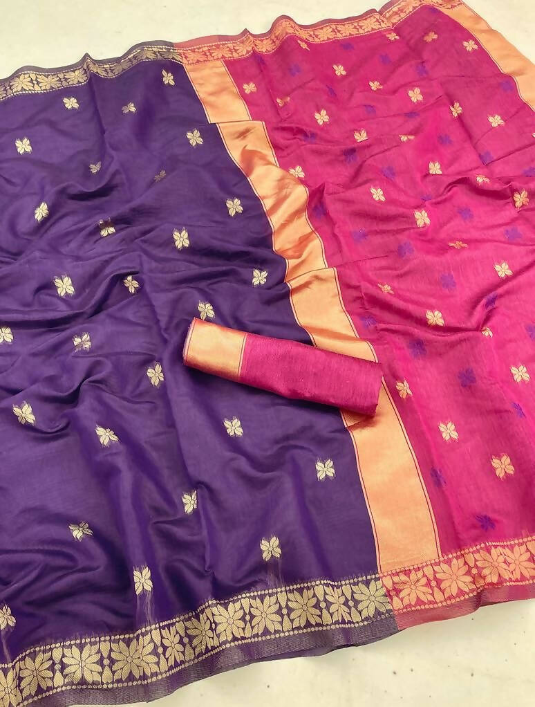 DEIANA'S Beautiful Designer Golden zari Soft Cotton Saree - Purple - Swadesiicart