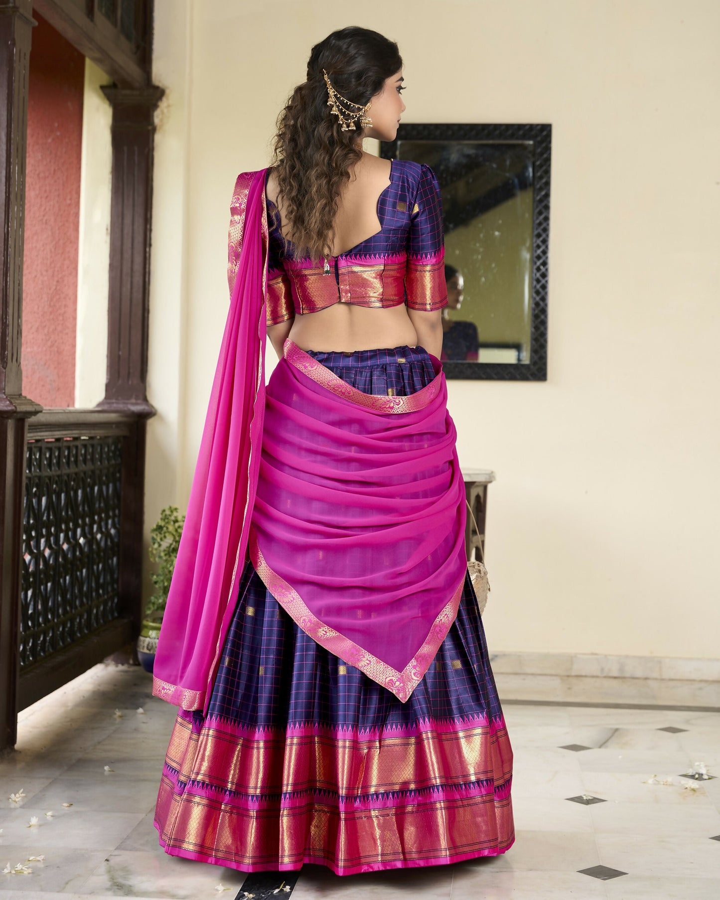 Lorenvalley Navyblue Cotton Silk Weaving Work With Paithani Concept Lehenga Choli | Swadesiicart