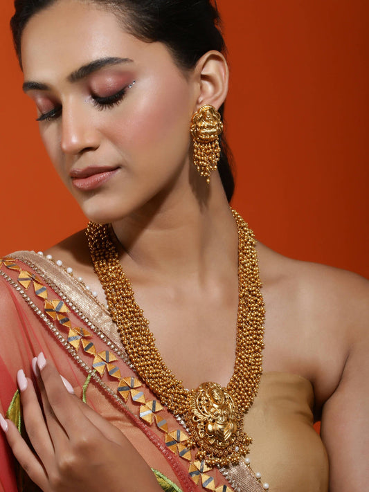 Gold-Polished Pearls Beaded Temple Jewellery Set - Ruby Raang - Ruby Raang Studio