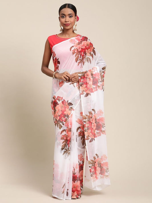 Ahalyaa Women's White Chiffon Floral Digital Print Saree | Swadesiicart
