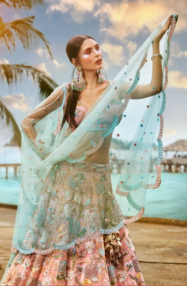 House of Panchhi Pink Net Sequins And Zarkan Embroidery Lehenga Choli & Dupatta | Swadesiicart