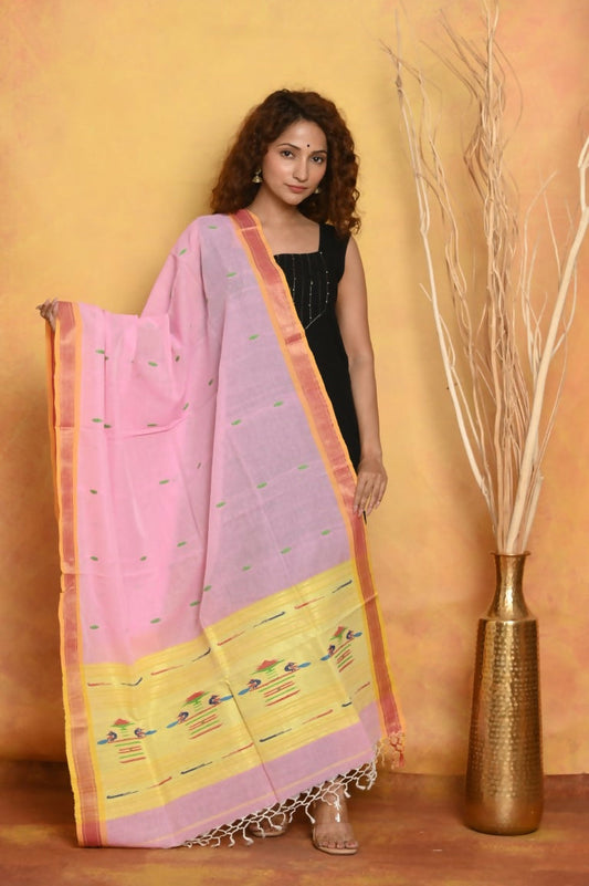 Very Much Indian Handloom Pure Cotton Paithani Dupatta Pink | Swadesiicart