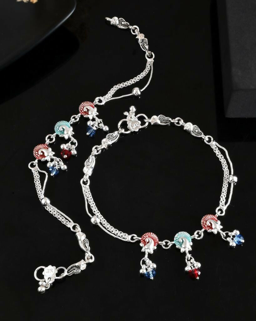 VOJ Set of 2 Silver Plated Peacock Shaped Multi Color Anklet - Swadesiicart
