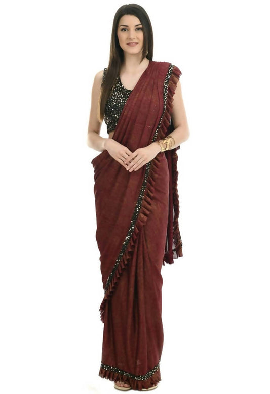 Mominos Fashion All Season Wear Rust And Black Ruffled Ready To Wear Saree | Swadesiicart