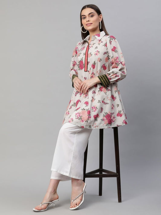 Ahalyaa Women Beige Crepe Digital Floral Print Tunic | Swadesiicart