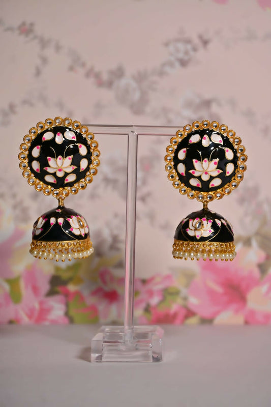 Black Round Shape Ethnic Meenakari Jhumki Earrings By House of Ree - Swadesiicart