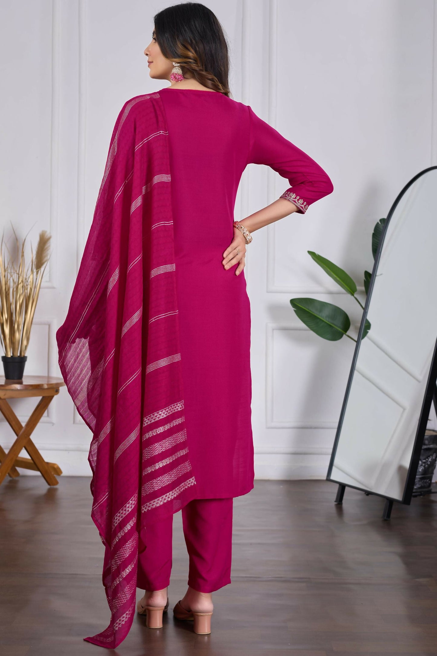The52 Pink Women's Beautiful Embroidered Rayon Slub Fabric with Straight Kurta, Pant and Dupatta Set - Swadesiicart