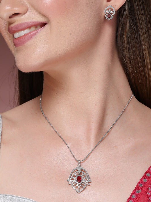 NVR Women Silver-Plated American Diamond-Studded Pendant Set | Swadesiicart