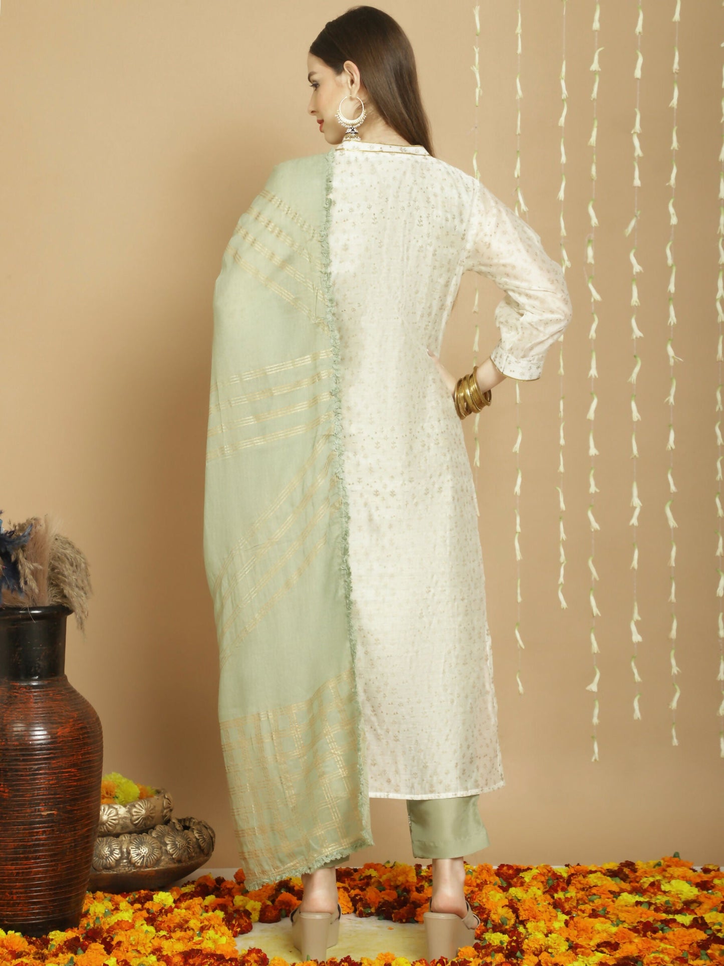 Jyoti Fashion Women's Off White Chanderi Silk Elegant Jardoshi Kurta with Trouser & Dupatta | Swadesiicart
