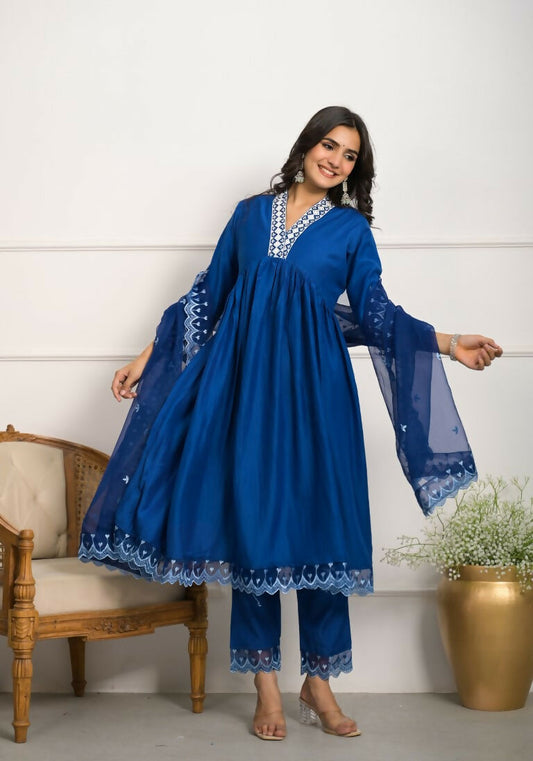 Festive Wear Ethnic Blue Silk wih cotton inner Stitched Suit With Dupatta - Tanisha | Swadesiicart