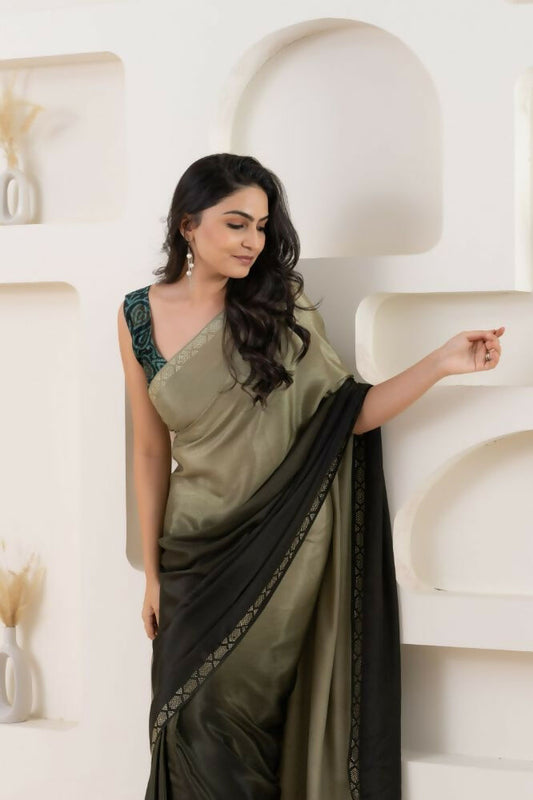 Grey Satin Pedding Designer, Printed Party Wear Ready To Wear Saree - Femina | Swadesiicart
