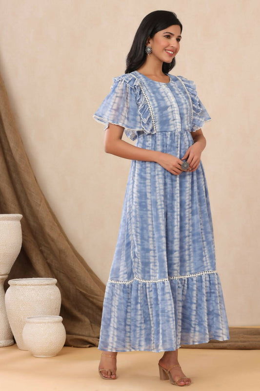 Juniper Womens Powderblue Chiffon Printed Tiered Dress | Swadesiicart