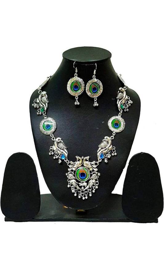 Mominos Fashion Silver-Plated Peacock Design Necklace Set Mangalsutra - Mominos Fashion