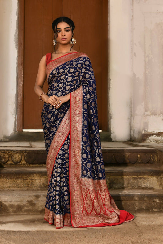 Joban Fashion Navy Blue Crepe Chiffon Pure Handloom Banarasi Silk Saree | Swadesiicart