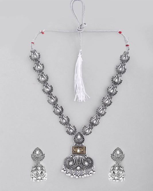 VOJ Dual Toned Oxidized Necklace With Earrings Set