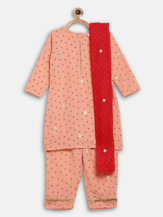 Ahalyaa Peach Crepe Gold Printed Kids Kurta Sets With Dupatta For Girls | Swadesiicart