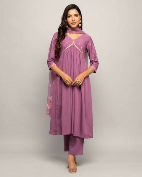 FIORRA Women's Lavender Creap A-Line Kurta Pant With Dupatta - Swadesiicart