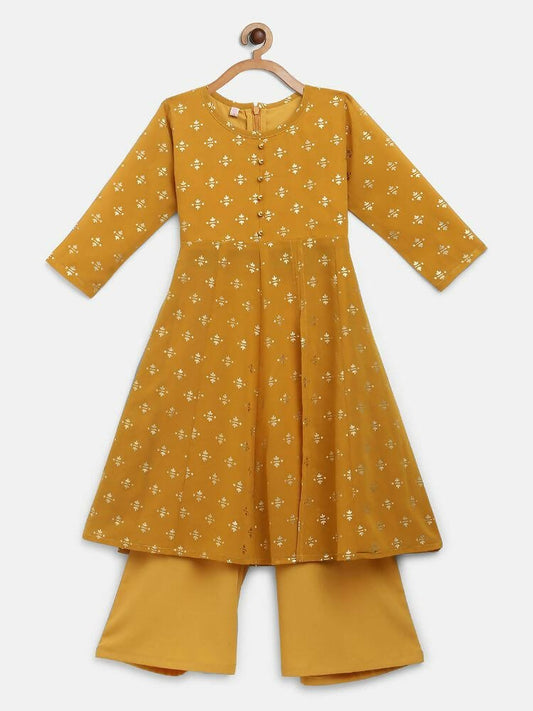 Ahalyaa Mustard Georgette Flared Kids Kurta Palazzo Set For Girls | Swadesiicart