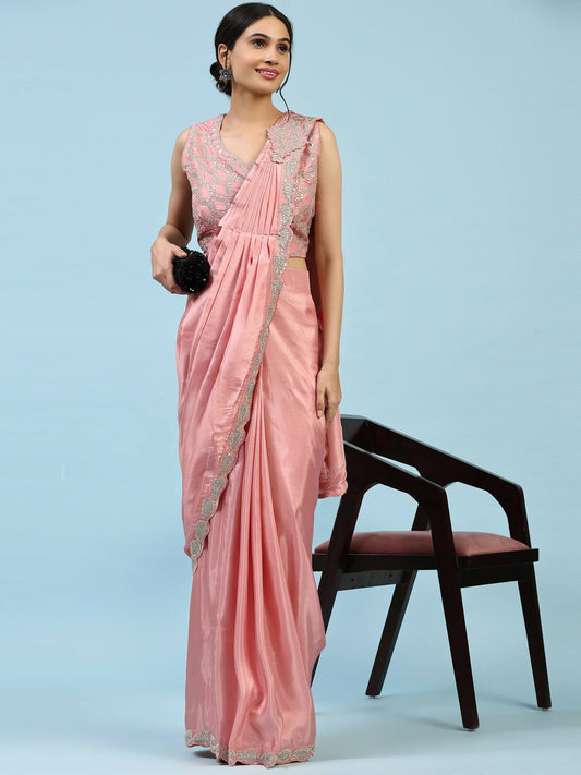 Peach Silk Satin Plain Ready to wear Saree with stitched Blouse - Vrinda | Swadesiicart
