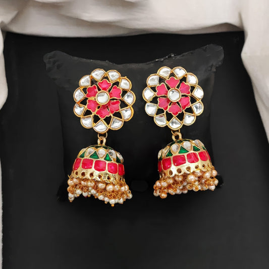 JS Fashion High Gold Meenakari Jhumka Earrings with Clustered Pearls – Fancy Traditional Party Wear Jewelry for Women | Swadesiicart
