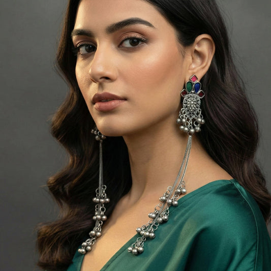 JS Fashion Oxidized Silver Long Jhumka Earrings with Ghungroo for Women & Girls | Swadesiicart