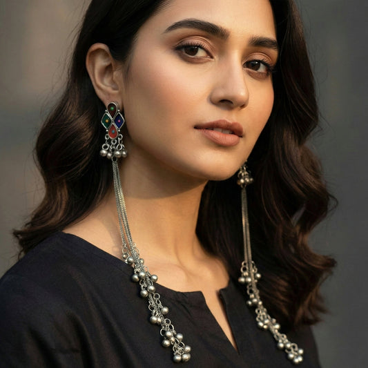 JS Fashion Tribal Oxidized Long Earrings with Multicolor Stones for Women & Girls | Swadesiicart