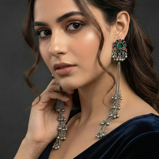 JS Fashion Boho Oxidized Long Earrings with Color Stones for Women & Girls | Swadesiicart