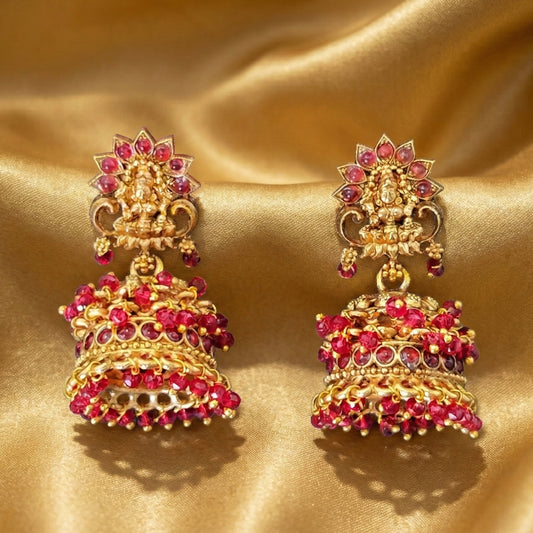 JS Fashion Temple Pink Design Full Stone Jhumka in Rajwadi Polish for Women & Girls | Swadesiicart