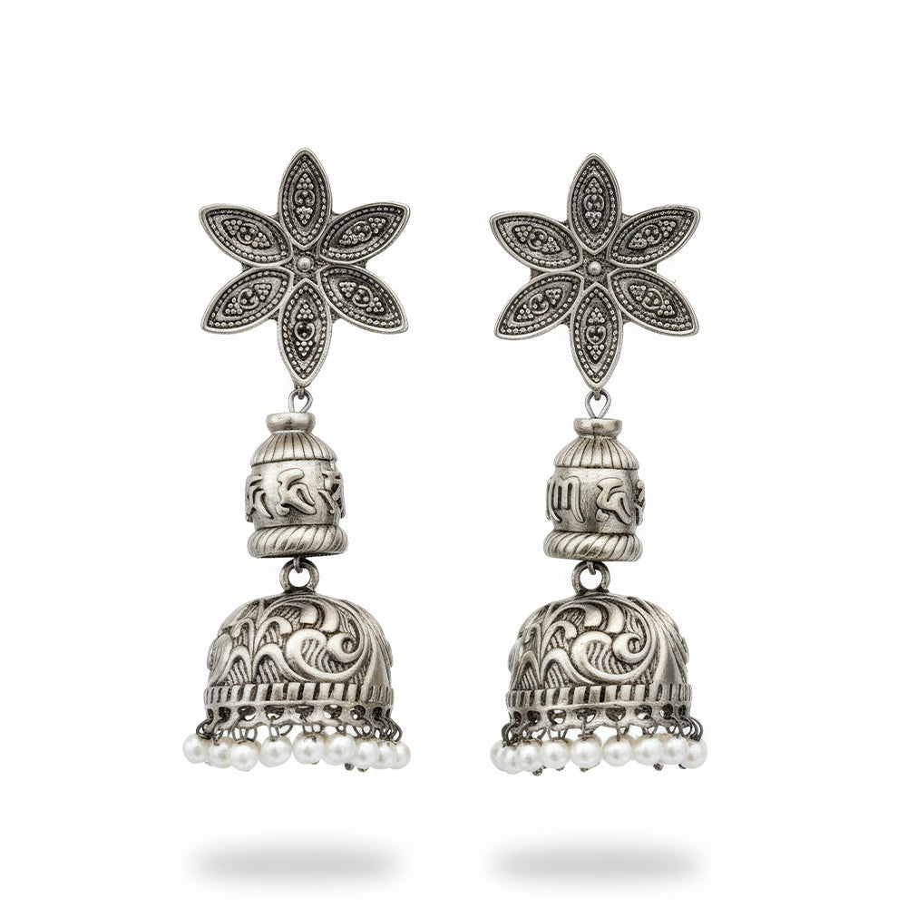 JS Fashion Oxidized Silver Flower Design Jhumka Earrings for Women | Swadesiicart