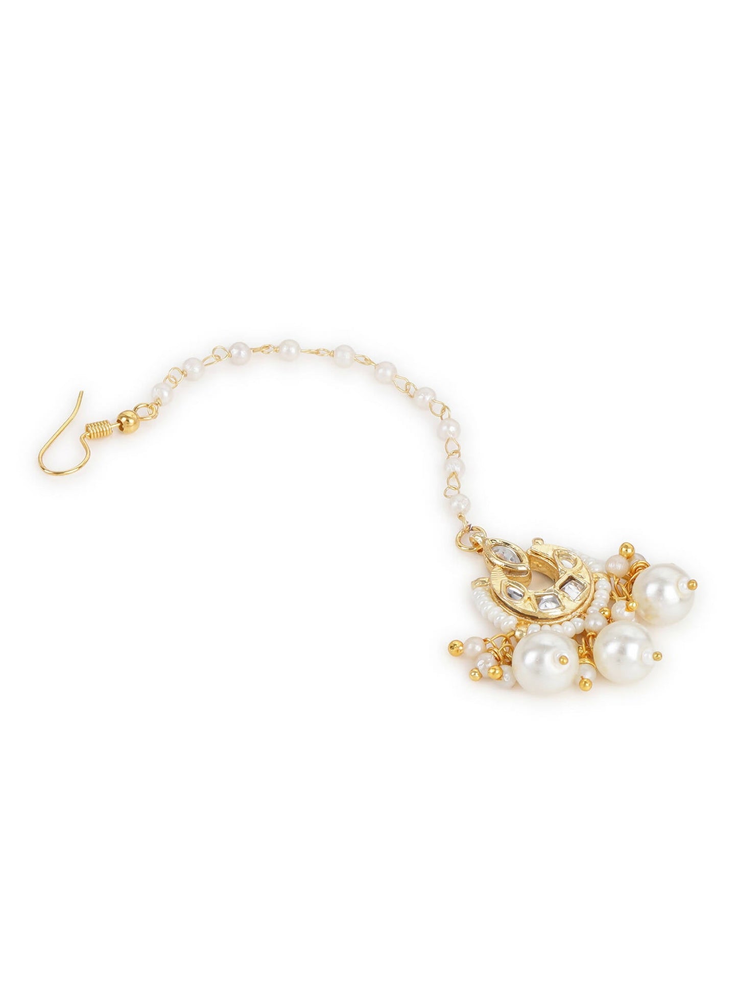 Gold-Polished White Kundan-Studded Beaded Layered Maang Tikka - Ruby Raang | Swadesiicart