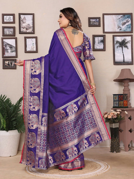 Joban Fashion Royal Blue Solid Banarasi Silk Sarees | Swadesiicart