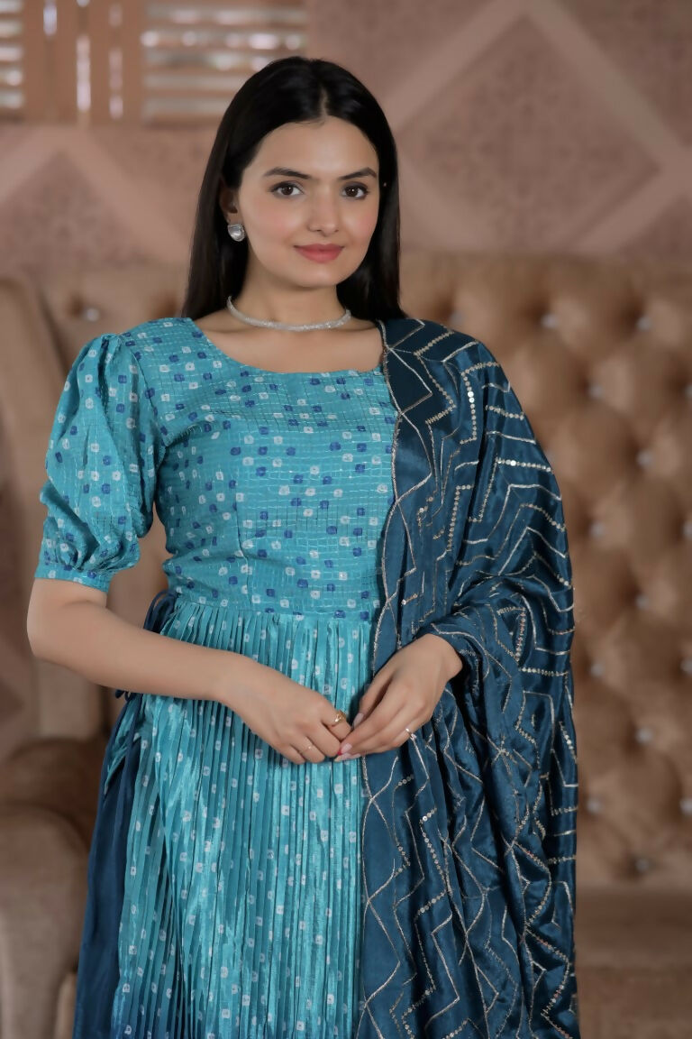 Jyoti Fashion Women's Blue Muslin Floral Print with Crush Pleating Kurta with Trouser & Dupatta | Swadesiicart