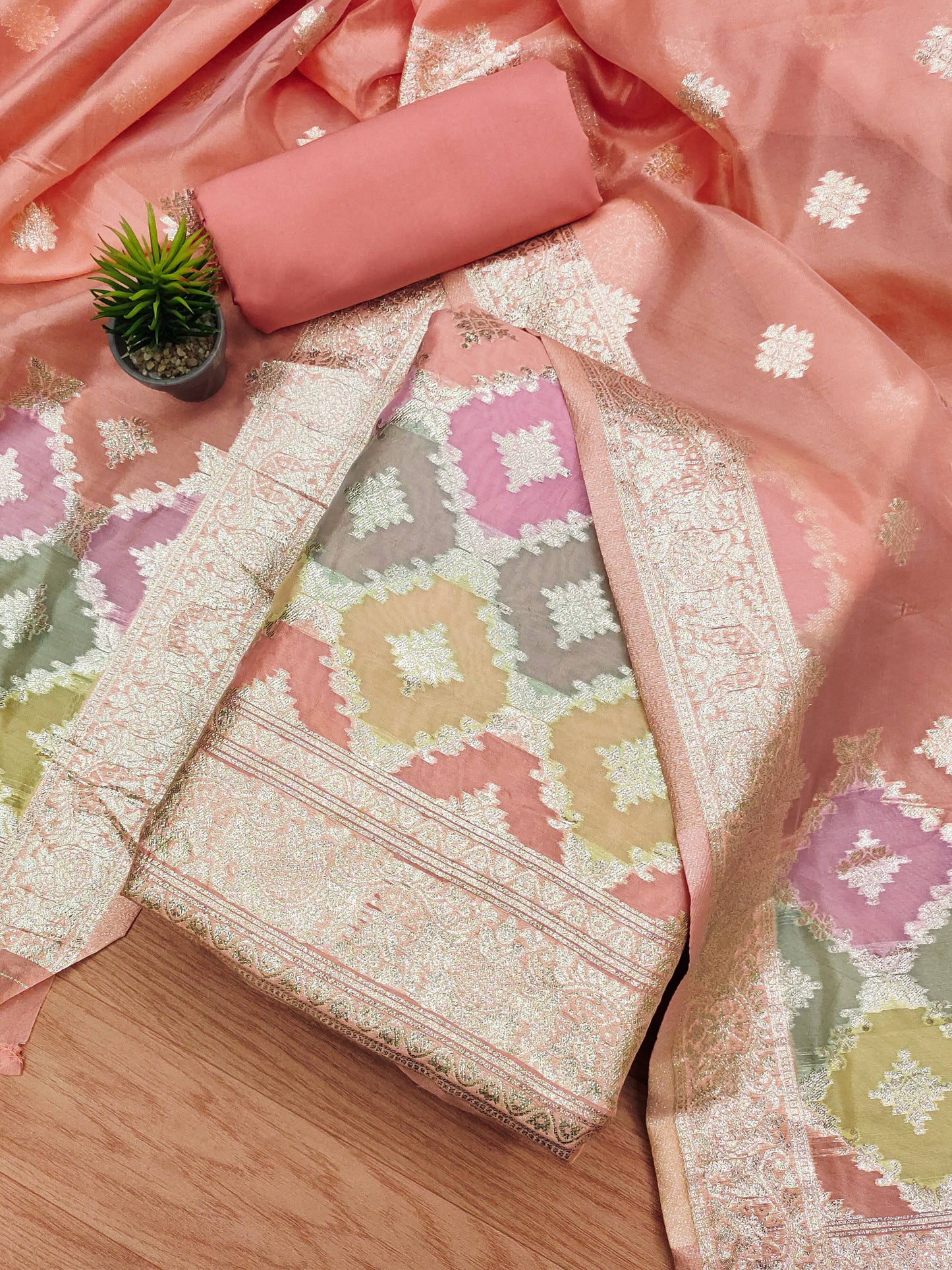Lorenvalley Fashion Women Zari Woven Organza Suit Unstitched - Peach | Swadesiicart