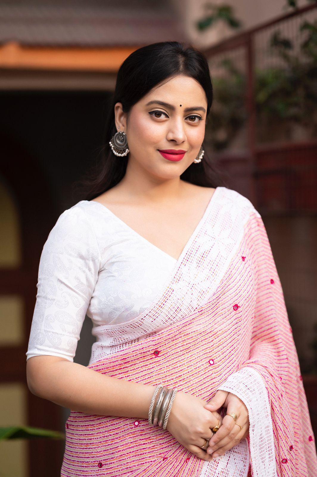 Pink Poly Georgette Ethnic Motifs Saree with Unstitched Blouse - Hiral Fashion | Swadesiicart