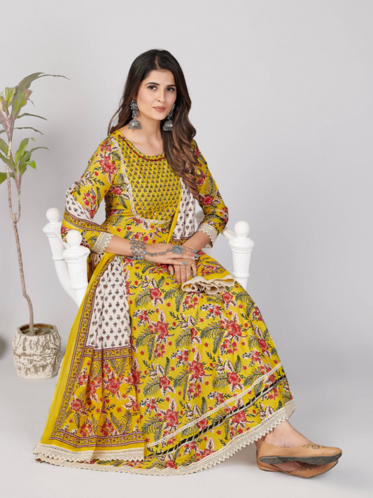 NOZ2TOZ Women's Yellow Anarkali Kurta & Pant With Dupatta Set- (3pcs Set) - Swadesiicart