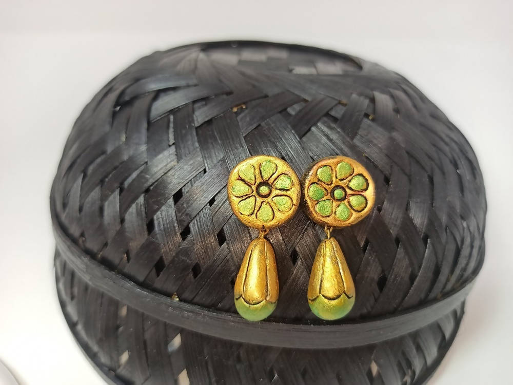 Terracotta Round Earstuds With Drops-Copper And Green | Swadesiicart