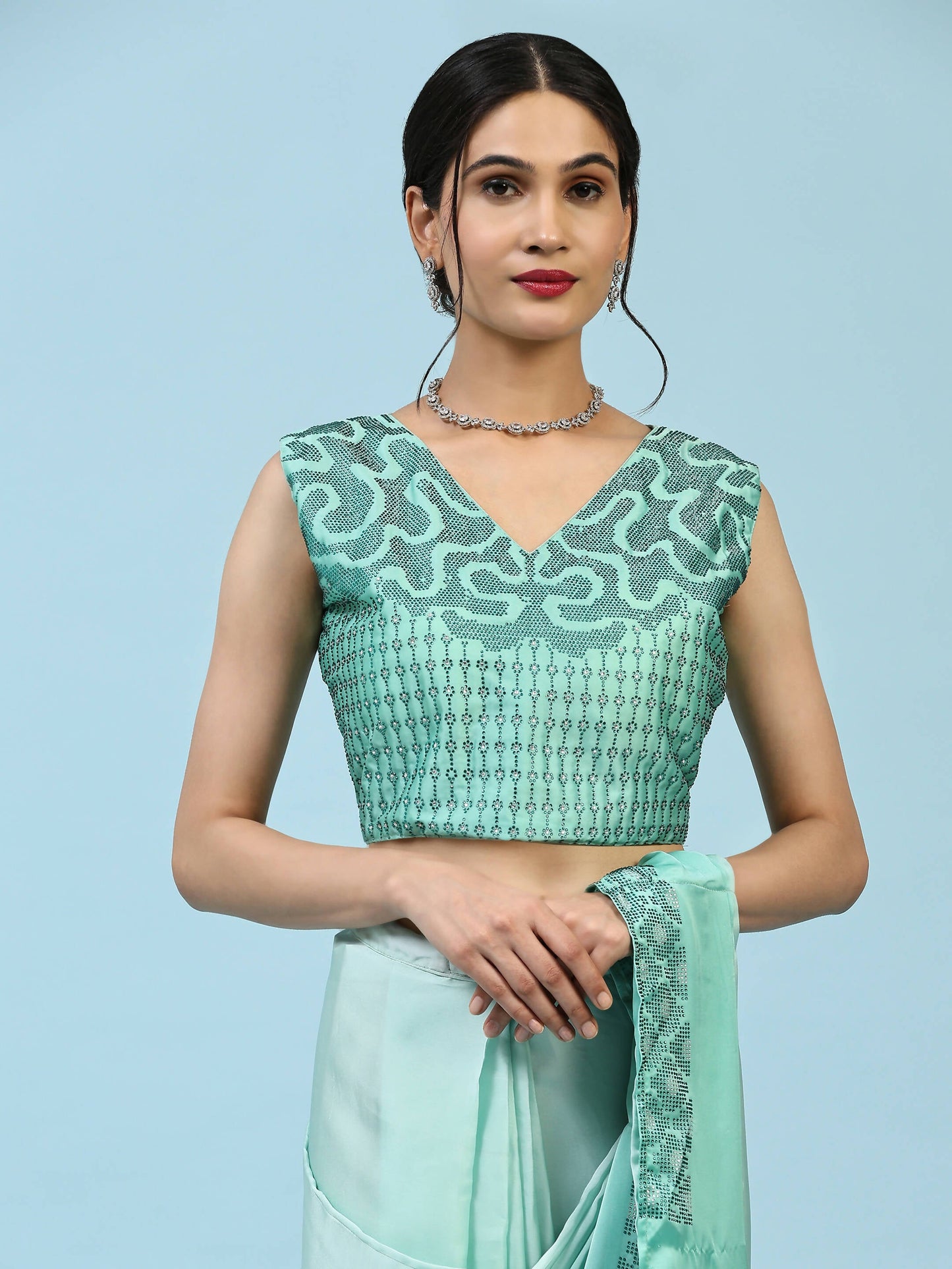 Sea Green Ombre Satin Georgette Plain Ready to wear Saree with stitched Blouse - Vrinda | Swadesiicart