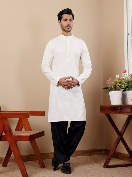 White Viscose Designer Chikankari Embroidery Work Men's Kurta - Mahotsav | Swadesiicart