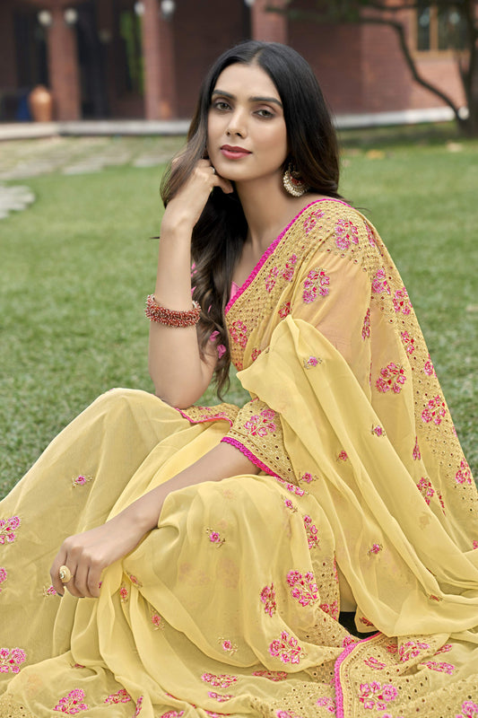 Vamsee Rashmika 2.0 Yellow Georgette Silk Saree - Swadesiicart