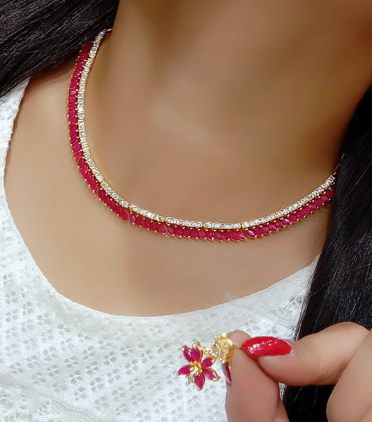 Gold-Polished Alloy Ruby Colour American Diamond Choker Necklace Set - The Pari | Swadesiicart
