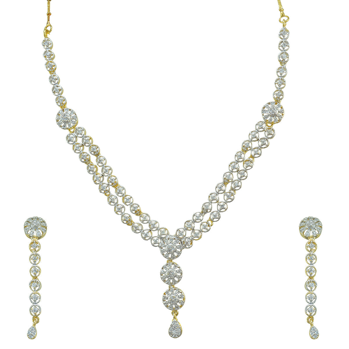 Rhodium-Plated Alloy Double Line Ad Necklace Set - The Pari - Swadesiicart