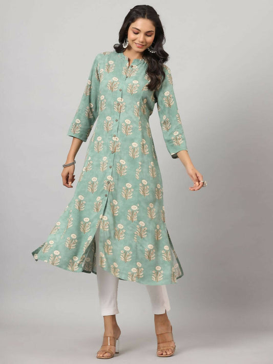 Juniper Women's Green Printed A-Line Kurta | Swadesiicart