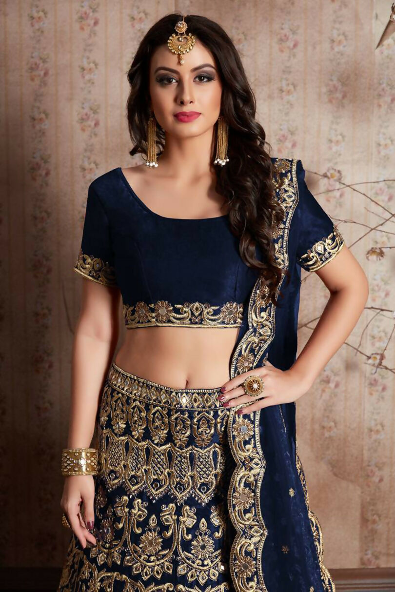 Jyoti Fashion Mesmerizing Navy Blue Sequins Embroidered Velvet Lehenga Choli with Dupatta | Swadesiicart