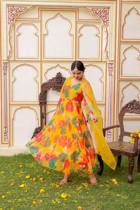 Vaasva Women Mustard Organza Multi Floral Print & Embroidered Anarkali Kurta, Pant & Dupatta set | Swadesiicart