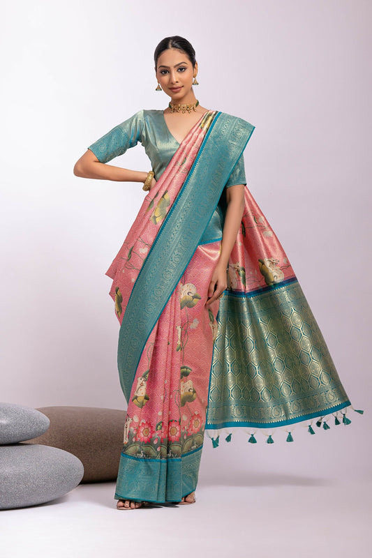 Vishnu Weaves Women's Pink Tissue Silk Zari Woven Saree with Blouse - Swadesiicart