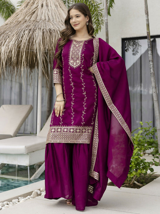 The52 Wine Beautiful Embroidered Vichitra Silk Fabric Straight Kurta, Palazzo and Dupatta Set - Swadesiicart