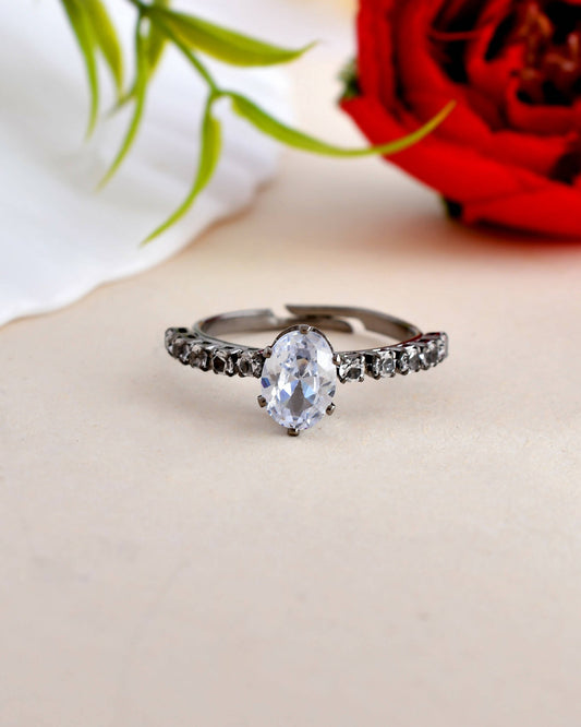 VOJ white CZ-detail Stainless Steel Cubic Zirconia Rhodium Plated Adjustable Finger Ring | Swadesiicart
